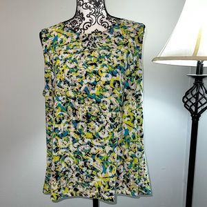 Kasper yellow blue white pattern sleeveless blouse.